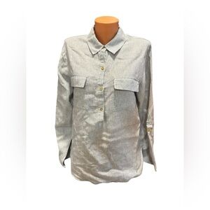 Ellen Tracy Tunic Top Women Size L Gray White Striped 100% Linen Long Sleeves